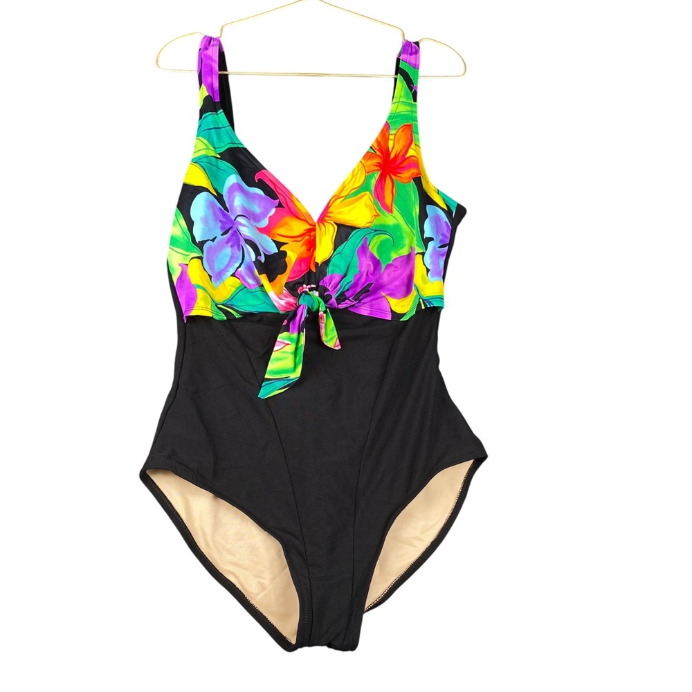 Carol Wior Slimsuit One Piece Swimsuit Black Tropical Floral Tie Front Vintage